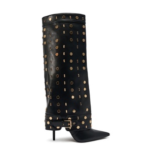 Stivali da Donna alla Moda 2026 <span class=keywords><strong>con</strong></span> Punta Affusolata e Dettagli Dorati, Stivali Alti al Ginocchio in Pelle Nera <span class=keywords><strong>con</strong></span> <span class=keywords><strong>Tacco</strong></span> <span class=keywords><strong>a</strong></span> <span class=keywords><strong>Spillo</strong></span> e Gambale Ripiegabile - Product Image 1
