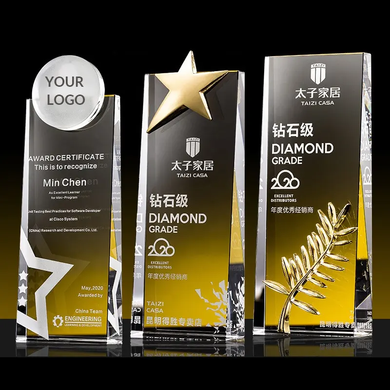 Custom Geneigd K9 Crystal Trofee Awards Graveren Glas Trofee Met Metalen Ster Diamant Voor Relatiegeschenk