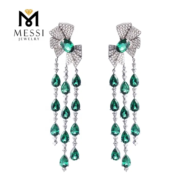 Messi Sieraden Vlinder Knoop Drop Earring Met Traan Vorm Emerald Tassel Earring Vrouw Luxe Bruiloft Emerald Sieraden