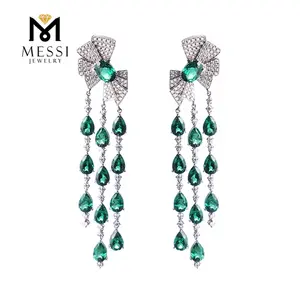 Messi Jewelry butterfly knot drop earring with tear shape emerald tassel earring woman luxury wedding emerald jewelry