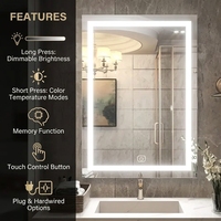Miroir de salle de bain à LED au design moderne avec interrupteur tactile, 3 niveaux de gradation, rétroéclairé, rectangulaire, mural, miroir cosmétique