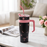 Nouvelle tasse isotherme en acier inoxydable noir et rose pour thé glacé, grande capacité avec poignée et paille, 40 oz, pour voiture