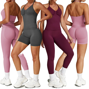 Custom Women's Solid High Elastic Waist Lightweight Activewear 3-Piece <b>Gym</b> <b>Set</b> with Front Logo for Running Yoga Fitness Workout - Product Image 1