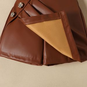 Vêtements pour enfants, automne, nouvelle collection, haut à manches longues uni pour filles, <span class=keywords><strong>jupe</strong></span> courte en <span class=keywords><strong>cuir</strong></span> PU tendance, ensemble deux pièces décontracté - Product Image 6