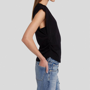 Lỏng lẻo v-cổ Vai giảm armhole TEE cong HEM bên ruching 100% cotton thoáng khí chống Đóng cọc phong cách giản dị OEM đen - Product Image 4