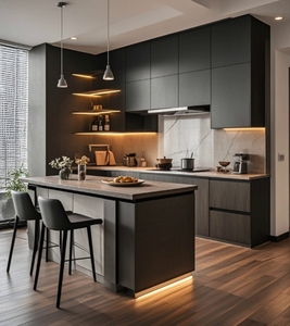 Armoires de cuisine modulaires modernes en bois, designs personnalisés, cuisine de villa avec éclairage LED - Product Image 5