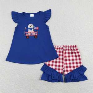 Baby Girls 4th of July Outfit Set Embroidered Bow Flags Tunic Top with Ruffle Shorts - Product Image 3