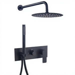 Juego de ducha termostática empotrada en la pared con una sola manija, grifo de ducha redondo con efecto lluvia en oro cepillado para baño - Product Image 3