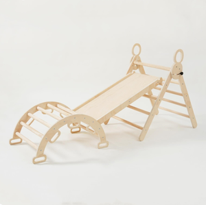 مجموعة التسلق الخشبي للأطفال الخشبية لتدريبات الصالة الرياضية للأطفال مصممة على شكل مثلث الغابة مع منحدر مقوس وتسلق متأرجح - Product Image 1