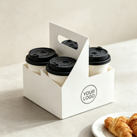 Portavasos Desechable de Cartón Reciclable con Asa, Impresión Personalizada, Grabado en Relieve, para 4 Vasos de Café o Jugo, Acabado Mate