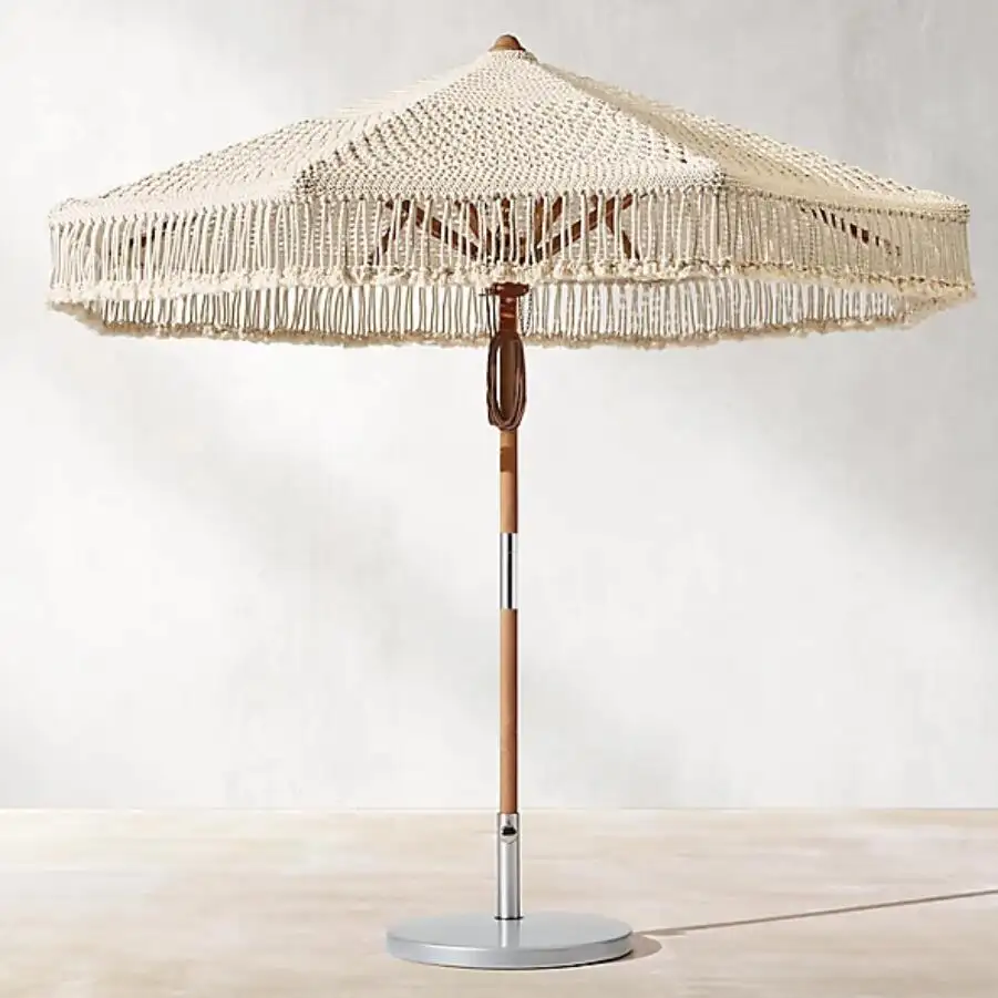 Groothandel Grote Beige Gehaakte Macrame Katoenen Parasol Met Franjes, Resortclub Tuin Buitenzwembad Parasols 8ft