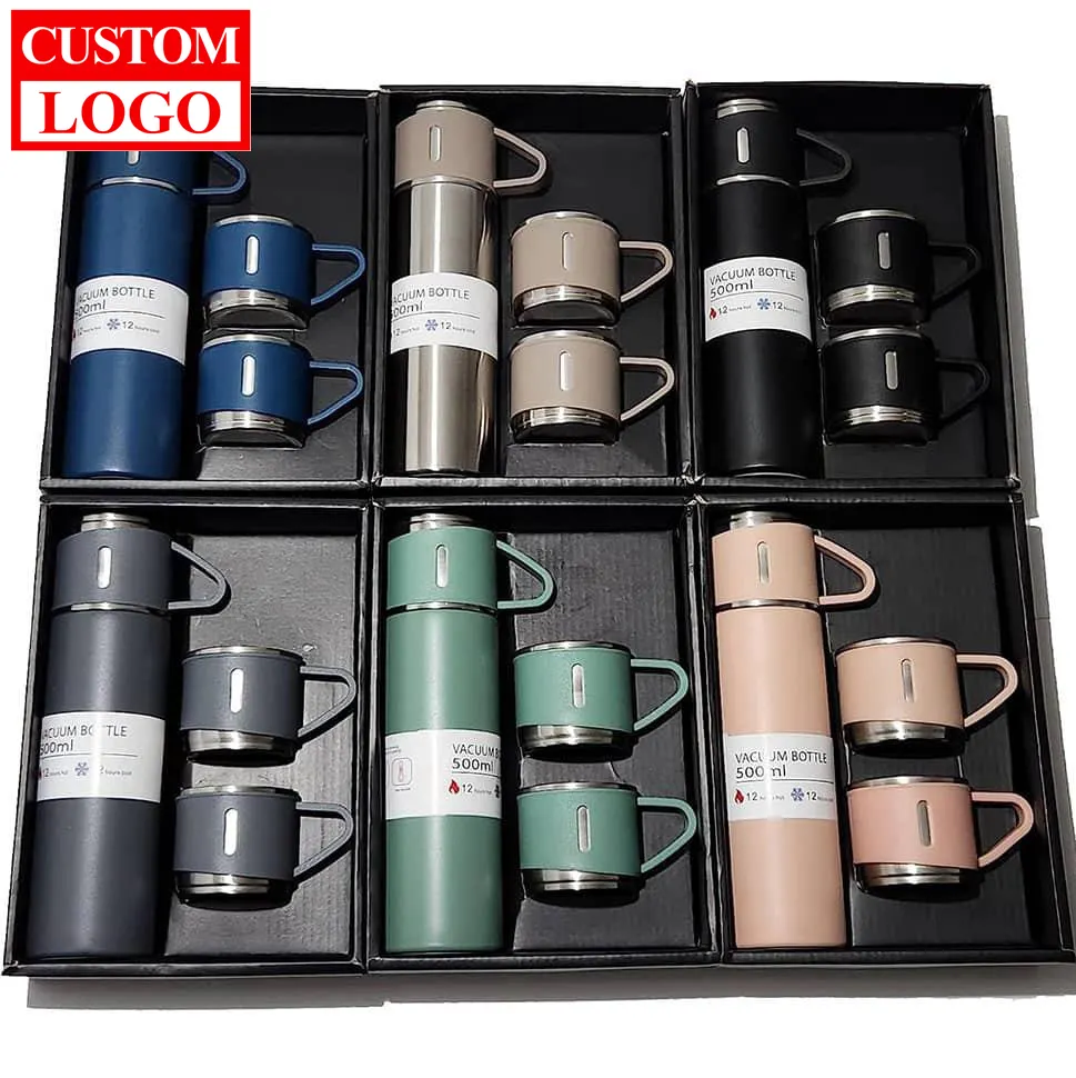 Factory Wholesale 500ml Set Thermos Vacuum Flask Custom Logo Stainless Steel Water Bottle with 2 Cups Flask Corporate Business