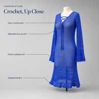 Robe de plage personnalisée OEM pour femme, en crochet, à manches longues, avec lacets, col en V, ajourée, en maille, bleue