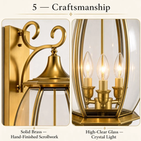 Lanterne murale extérieure en laiton massif, bras doré poli, 3 ampoules E14, verre trempé, lumière de porche de villa de style rétro