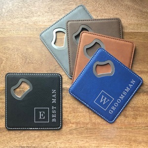 Square stainless steel bottle opener <b>coaster</b>, leather-wrapped, suitable for bars, <b>beer</b> bottles, and as a gift. Creative <b>coaster</b>. - Product Image 1