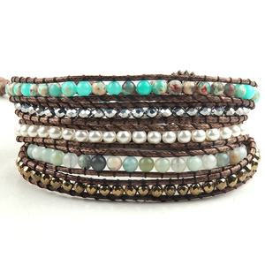 צמיד המטיט עור נשים עור המטיט בעבודת יד 5 גדילי אבן טבעית קריסטל זכוכית פנינה 5 צמידים לעטוף - Product Image 6