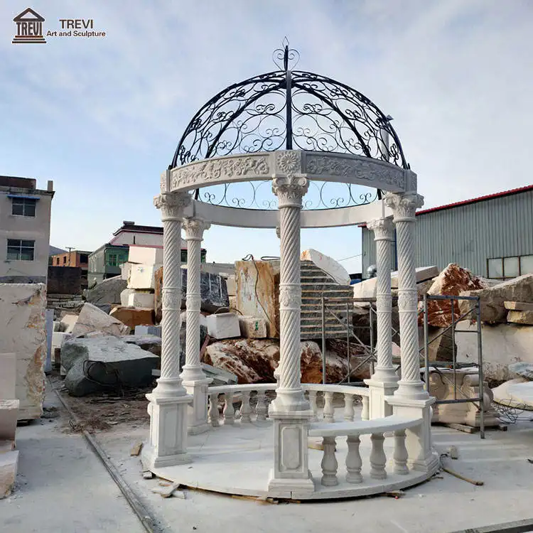 Gazebo a colonna in marmo bianco con veranda in marmo naturale intagliato a mano all'aperto