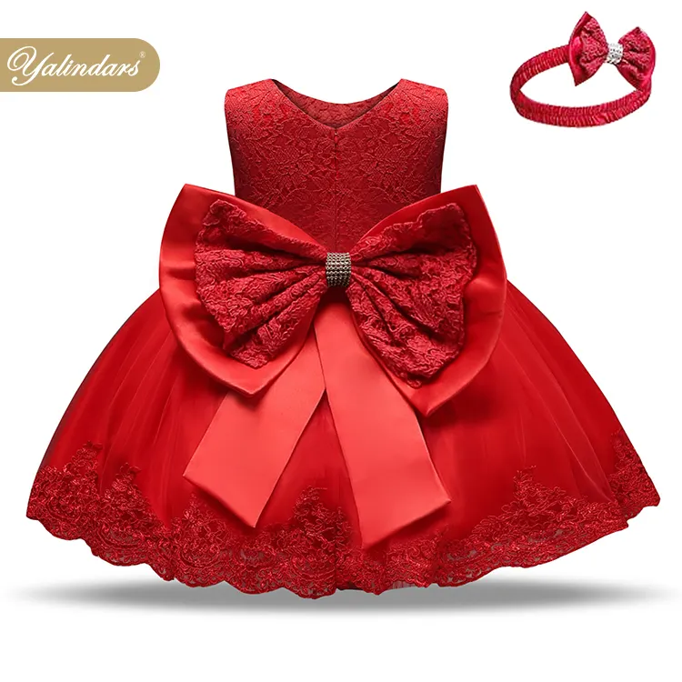 Ready In Stock Kids Gown Infant Clothing Pageant Birthday Party Embroidery Formal Lace Frock Baby Girl Dress With Big Bow