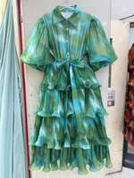 Robe midi tie-dye à volants pour femme, manches courtes bouffantes, col à revers, ceinture à la taille, robe chemise superposée pour les fêtes et la plage