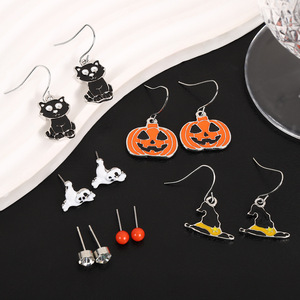 Ensemble de boucles d'oreilles en alliage Halloween, pendentifs citrouille, crâne, fantôme, bijoux de fête pour femmes, été 2024, origine Yiwu - Product Image 5