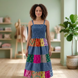 Vestido de algodón patchwork para mujer, vestido midi floral de verano, ropa de moda hippie boho, estilo americano, vestido informal de playa - Product Image 2