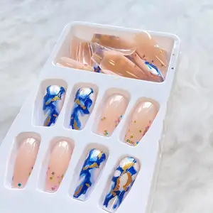 Square Press on Nails Blue Marble Gold Foil Fragments Designs Pink White Glitter Stick on Nail Acrylic Full Cover Artificial Tip