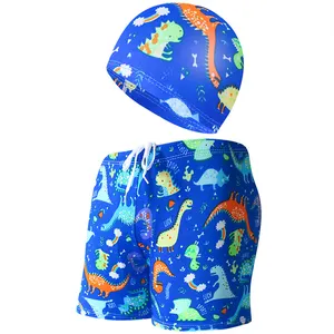 Elegante esquina plana vacaciones en la playa primavera caliente verano niños nadar pantalones cortos gorro de baño niños dibujos animados impreso nadar pantalones cortos conjunto