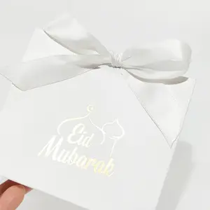 Trắng Bronzing Tông Kẹo Box Với Vàng Ribbon Eid Mubarak Hộp Quà Tặng Giấy Bao Bì Túi Cho Hồi Giáo Ramadan
