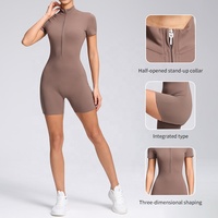 Combinaison de yoga respirante pour femme, une pièce, coupe ajustée, manches courtes, avec fermeture éclair, pour la gym et l'entraînement, fabrication OEM, vente en gros