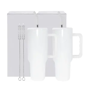 USA Warehouse stainless steel double wall vacuum H3.0 40oz white sublimation coffee mug with metal straw rubber top and brush