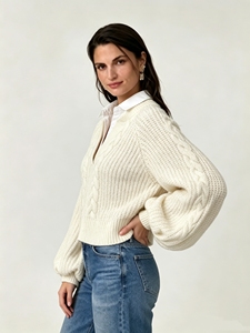 Chic <b>Fake</b> Two Piece V Neck Pullover Sweater Lantern Long Sleeve Cropped Knit Top Fall Trendy Casual Ladies Outerwear - Product Image 2