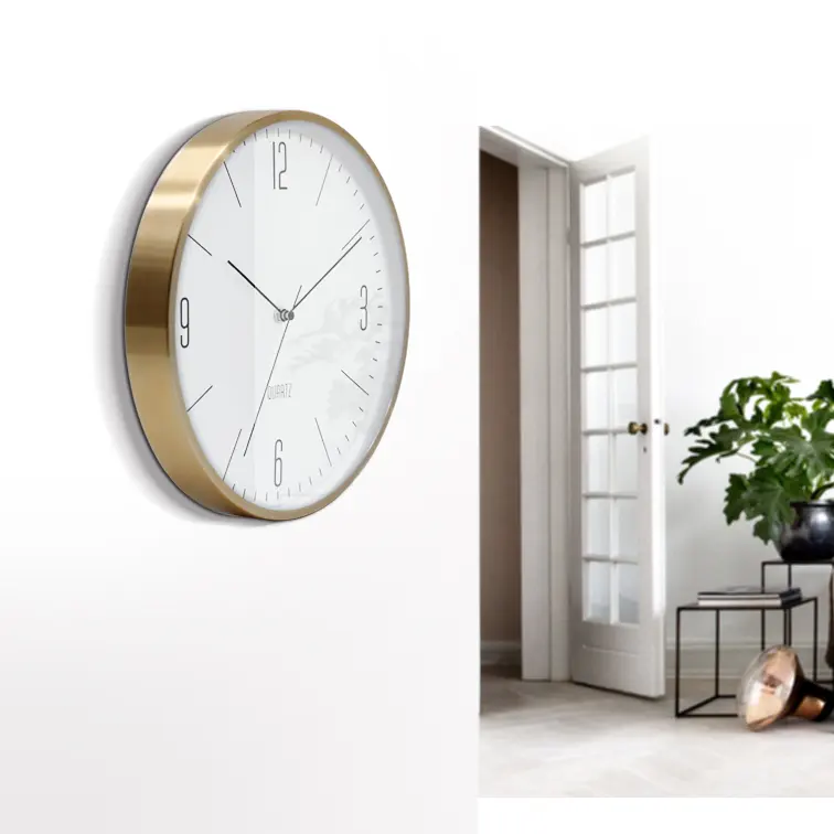 นาฬิกาติดผนัง12นิ้ว,นาฬิกาอะลูมิเนียมสีทองหรูหราทรงกลมเงียบสำหรับตกแต่งบ้านโรงงานออกแบบได้เอง