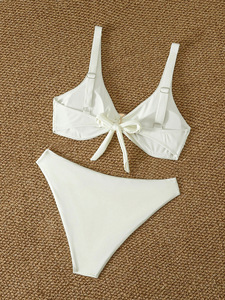 Ensemble bikini 2 pièces blanc pour femme, col en V, bretelles larges, anneau métallique doré, coupe haute, en Spandex/Polyester - Product Image 4
