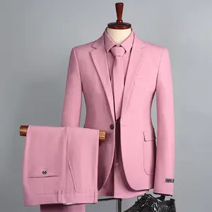 最新のピンクのフォーマルビジネスパンツツーピーススーツセット男性シングルボタンブレザーシャツパンツ男性用ウェディングスーツ新郎ウェア