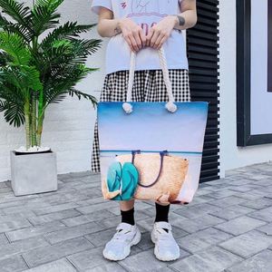 Sac fourre-tout de plage en toile pour femme, grande capacité, motif coquillage mignon, avec corde en chanvre, idéal pour l'été et les voyages - Product Image 2