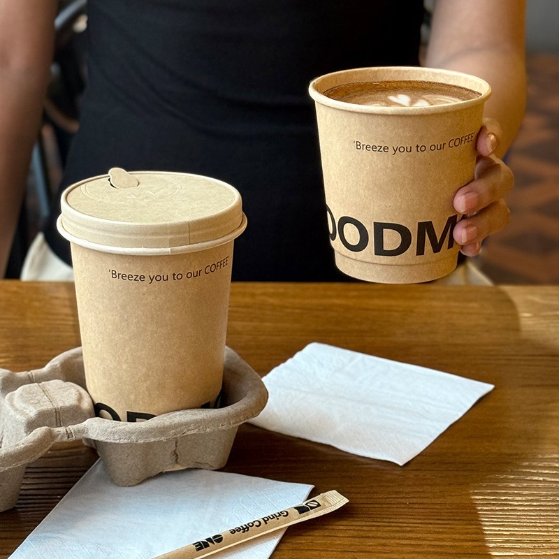 8/10/12/16 oz Custom Printing Disposable Double Wall Hollow Paper Cups with Lid for Milk Tea & Coffee Kraft Paper Packaging