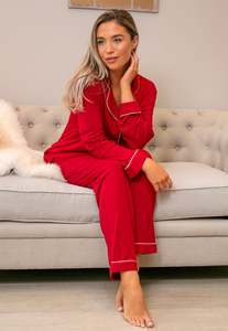 Natal Vermelho Escovado 100% Algodão Merlot Camisa e Calças Pijama Set pj 2 Piece Set Bambu Viscose Pijama Pijama Para Mulheres - Product Image 5