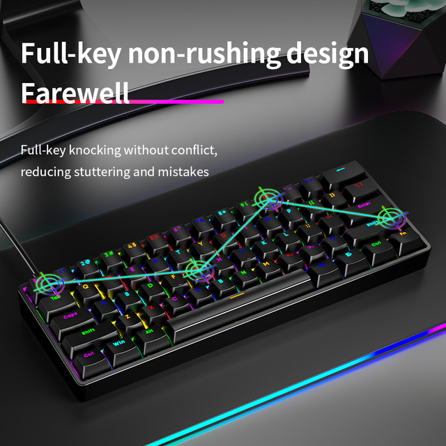 AK61 60% Wired Mechanical RGB Gaming Keyboard 61 Keys with Yellow Switch USB Type-C Custom Keycaps