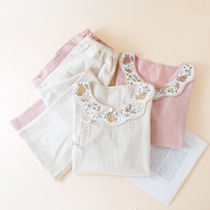 Pyjama pour femmes, nouveau style <span class=keywords><strong>chinois</strong></span>, tissé, brodé, respirant, en coton et lin, taille élastique, <span class=keywords><strong>pantalon</strong></span> uni à manches longues - Product Image 2