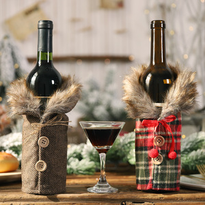 Christmas Plaid Faux Fur Wine Bottle Cover Button Design Wine Bottle Sleeve Xmas Dinner <b>Table</b> Party Decorative Wine Bottle - Product Image 1