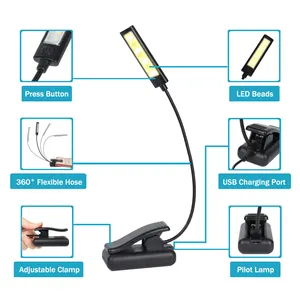 O08-0033 9 LED USB 충전식 독서 빛 유연한 책 빛 읽기 쉬운 클립 3 밝기 설정 책 빛