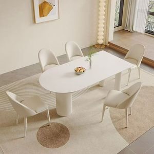 Mesa de Comedor Moderna de Estilo Crema, Ovalada, de Piedra Sinterizada, con Patas de Acero al Carbono, para Apartamento - Product Image 1