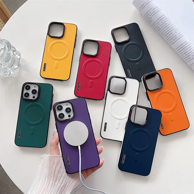 Luxury Plain Leather Case for iPhone 15 Pro Max 14 13 12 Pro Max Magnetic Charging Shockproof Cover Lens Collision Protection