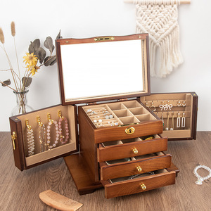 Caja organizadora de joyas de estilo chino, caja de almacenamiento de accesorios de madera, caja grande vintage, retro, de alta capacidad, de madera maciza de lujo - Product Image 1