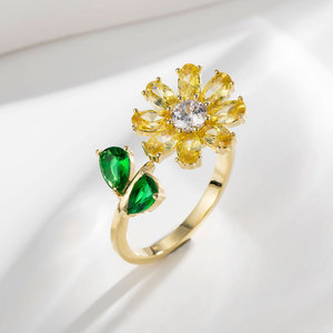 My Muyu Forest Style Sunflower Open Ring Gold Tone Zircon Pave Setting Adjustable Index Finger Jewelry Gift - Product Image 2