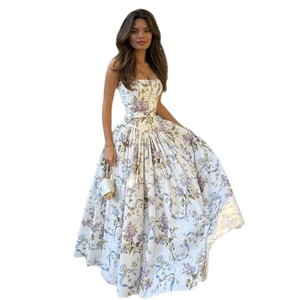 2025 verano moda mujer transfronteriza nuevo francés sin mangas estampado plisado vestido sin tirantes Sexy gasa Natural - Product Image 5