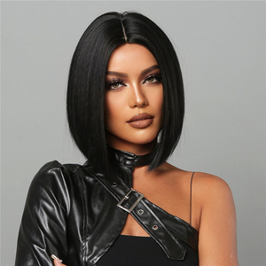 Ainizi Perruque Courte Bob de 12 Pouces avec <span class=keywords><strong>Frange</strong></span>, Raie au Milieu, Noire, en Fibre Haute Température, Sans Colle, Ligne de <span class=keywords><strong>Cheveux</strong></span> Naturelle, Résistante à la Chaleur, Qualité Premium - Product Image 5