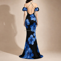 Robe longue sirène personnalisée à imprimé floral, épaules dénudées, manches courtes bouffantes, décolleté cœur, bretelles croisées et fines bretelles spaghetti pour femme