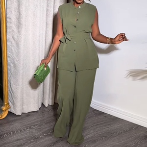 Women's Stand-up Collar Button-up Sleeveless Waist-tie <b>Top</b> Wide-leg Pants 2-piece Set Fashion - Product Image 2