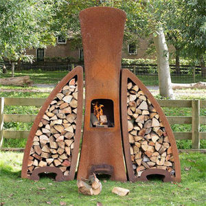 Ventas calientes Chimenea de fuego al aire libre de acero Corten con almacenamiento de madera, chimenea de patio trasero de leña rústica para jardín - Product Image 1